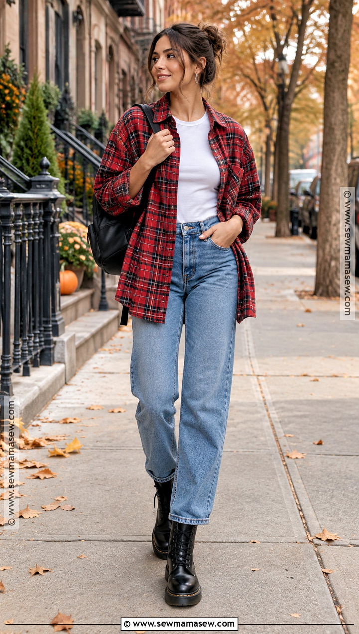 90s Flannel Shirt And Straight Leg Jeans Outfit - 15 90s fall fashion ideas for women