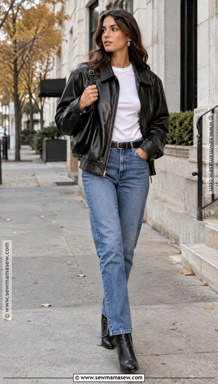 90s Leather Jacket And Blue Jeans Outfit - 15 90s fall fashion ideas for women