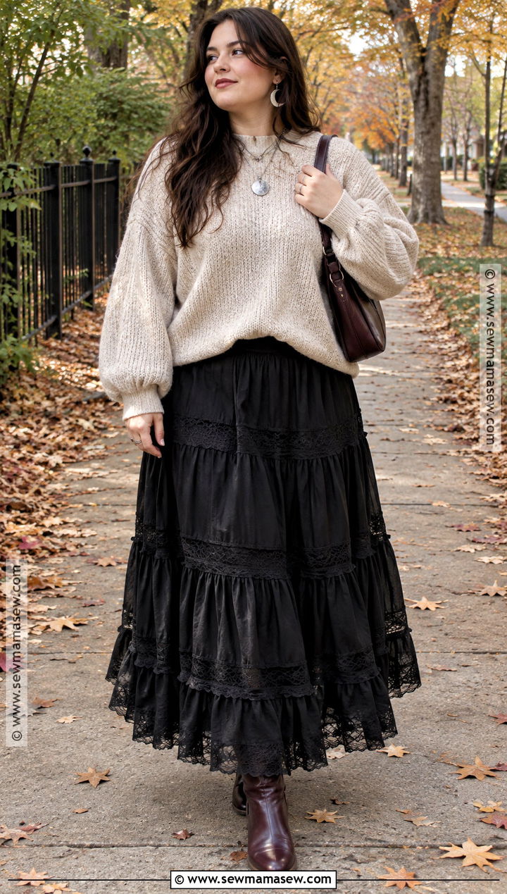 90s Whimsigoth Sweater And Tiered Skirt Outfit - 15 90S Whimsigoth Outfits Fall