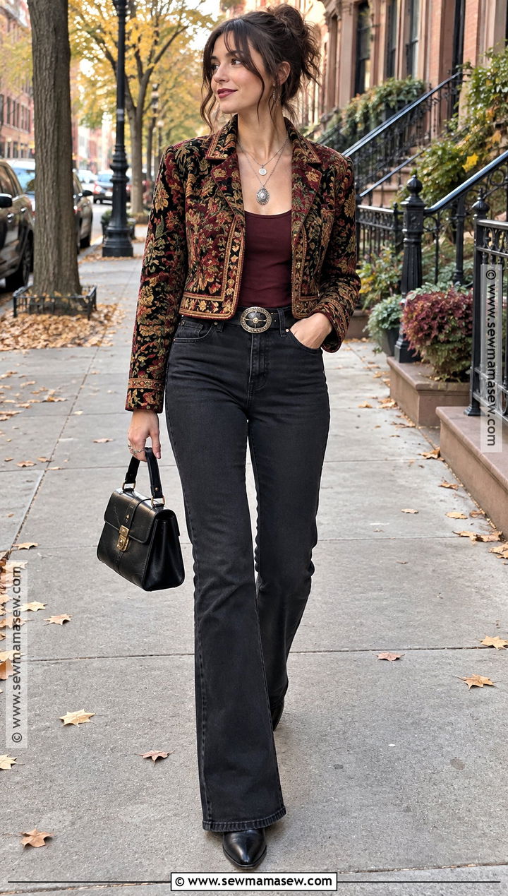 90s Whimsigoth Tapestry Jacket And Black Jeans Outfit - 15 90S Whimsigoth Outfits Fall