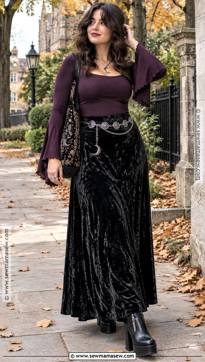 90s Whimsigoth Velvet Maxi Skirt Outfit - 15 90S Whimsigoth Outfits Fall