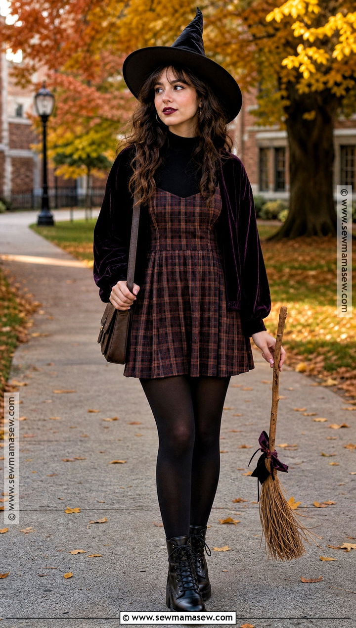 90s Witch Costume With Plaid Mini Dress - 35 halloween aesthetic costume ideas