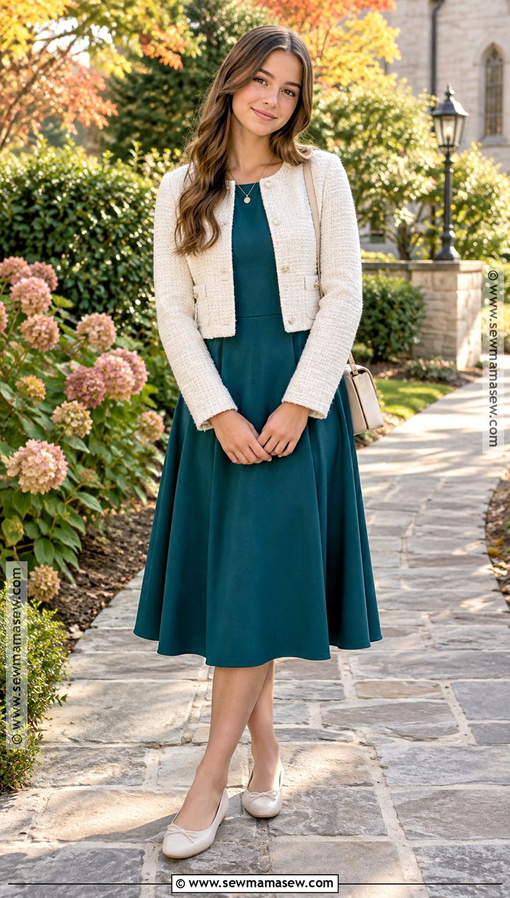 A Line Dress And Cropped Jacket Church Outfit - 20 Cute Fall Church Outfits for Teens