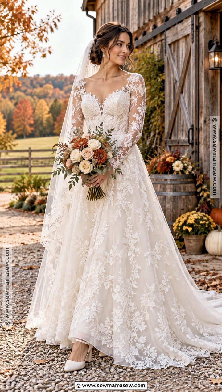 A Line Floral Lace Long Sleeve Wedding Dress - 15 rustic fall wedding dress lace long sleeve ideas