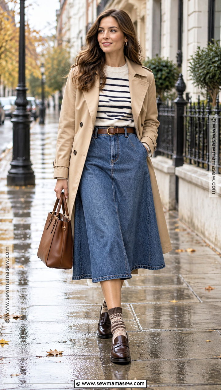 A Line Jean Skirt With Trench Coat And Loafers - 15 jean skirt outfits fall 2026