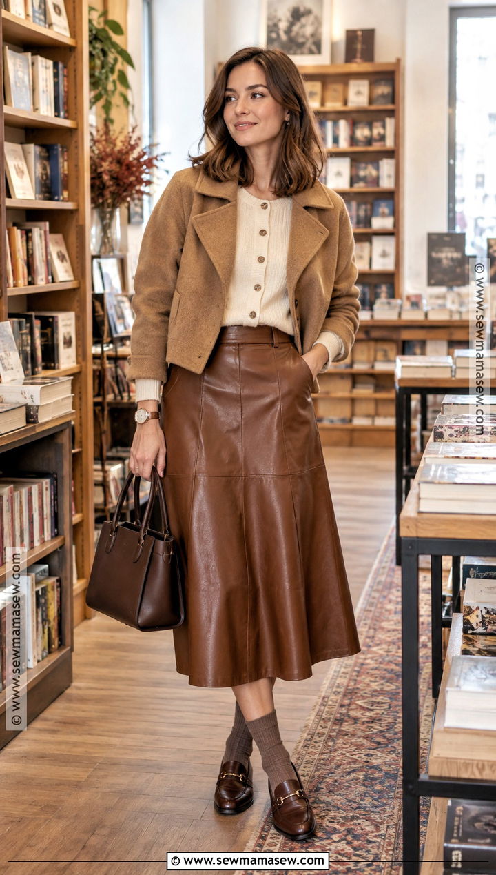 A Line Leather Skirt With Cardigan and Loafers - 15 fall leather skirts