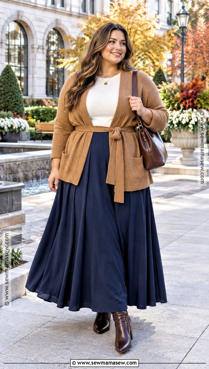 A Line Long Skirt With Belted Cardigan and Boots - 20 Long Skirt Fall Ideas