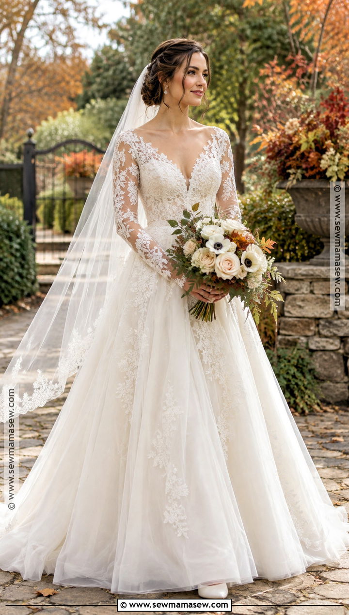 A Line Long Sleeve Fall Wedding Dress - 20 long sleeve fall wedding dress ideas