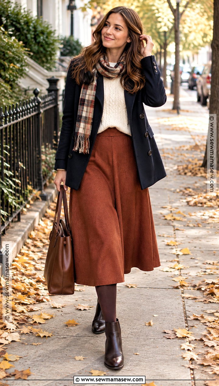 A Line Midi Skirt With Cable Knit Sweater And Chelsea Boots - 15 fall outfits with midi skirts