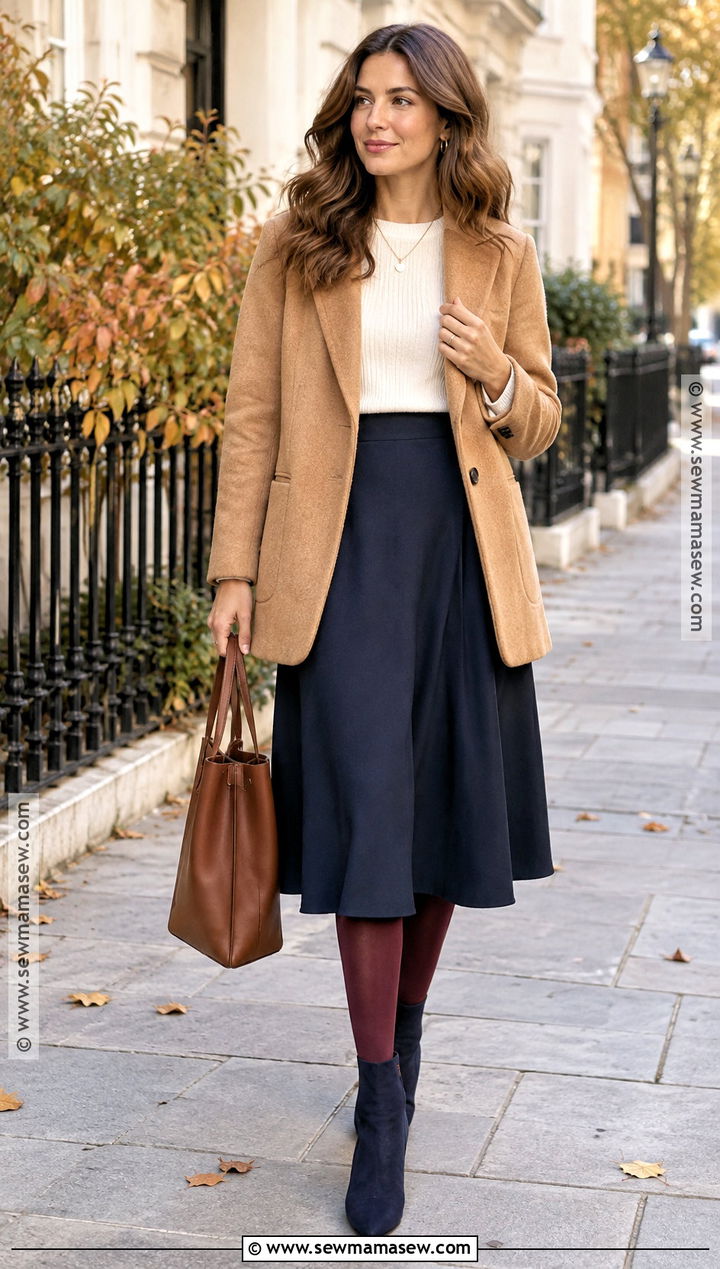 A Line Midi Skirt With Colored Tights - 15 skirt with tights fall outfit ideas