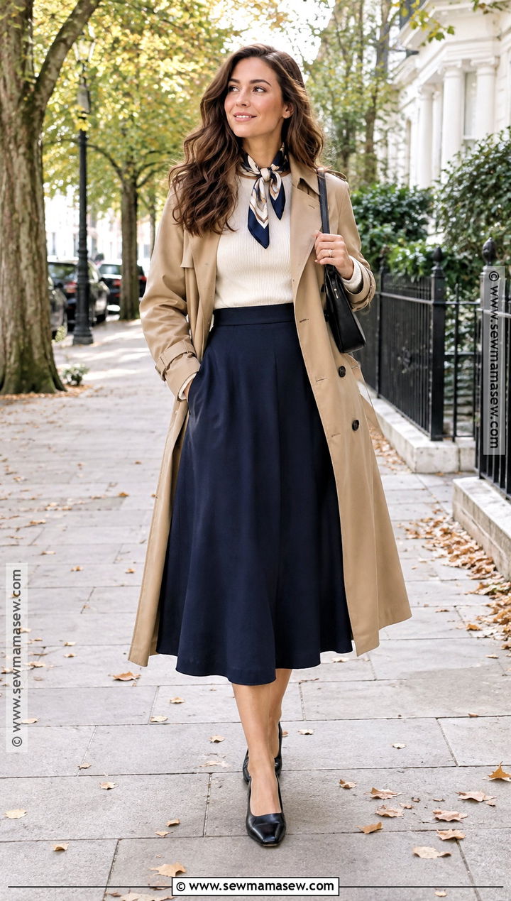 A Line Midi Skirt With Trench Coat And Ballet Flats - 20 midi skirt fall outfit ideas