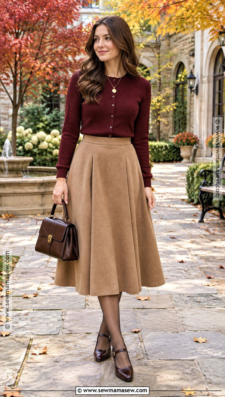 A Line Skirt And Fitted Cardigan Church Outfit - 15 Church Outfit Inspo For Fall Ideas
