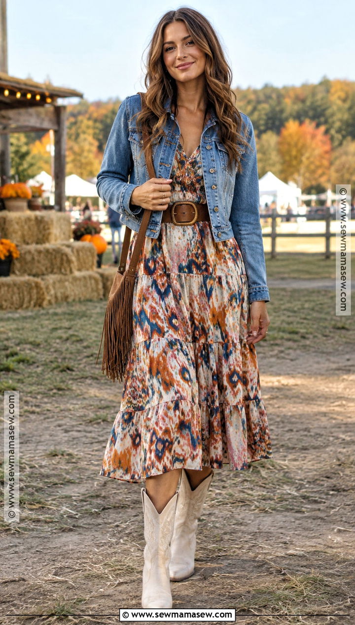 Abstract Print Dress And Cowboy Boots Outfit - 25 funky fall fashion ideas