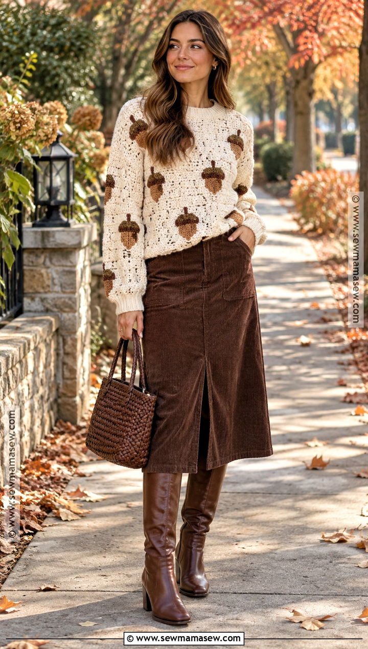 Acorn Crochet Thanksgiving Sweater With Brown Midi Skirt - 15 Crochet Thanksgiving Sweater Ideas