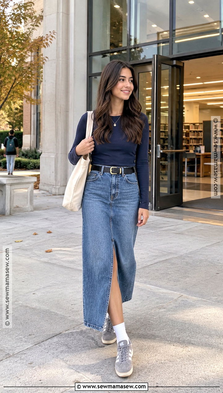 Adidas Campus With Denim Maxi Skirt And Fitted Tee - 15 back to school outfits adidas campus