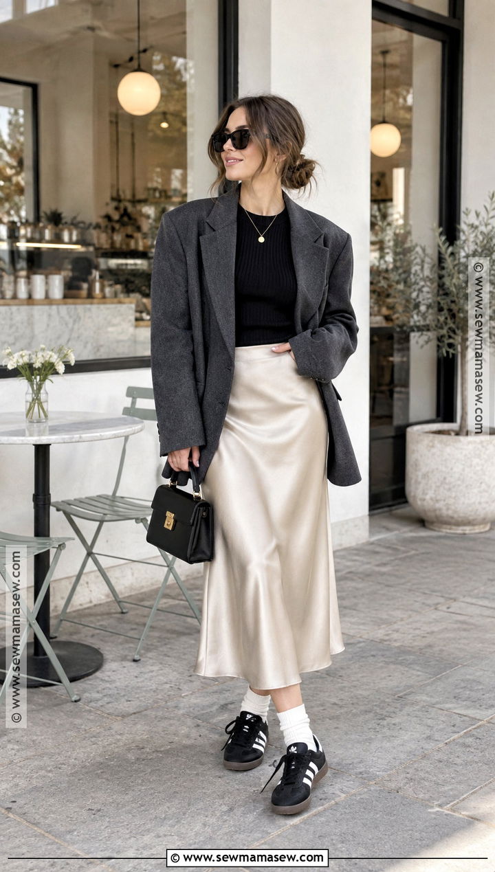 Adidas Gazelle With Oversized Blazer And Midi Skirt - 15 adidas gazelle fall style ideas