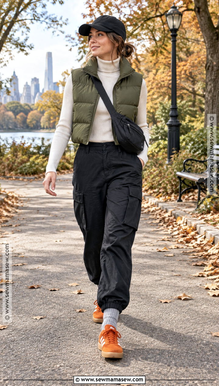 Adidas Gazelle With Puffer Vest And Cargo Pants - 15 adidas gazelle fall style ideas