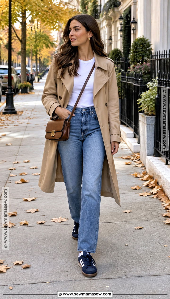 Adidas Gazelle With Trench Coat And Straight Leg Jeans - 15 adidas gazelle fall style ideas