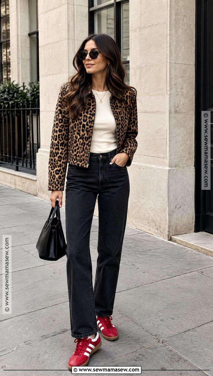 Adidas Samba With Animal Print Jacket And Neutral Denim - 20 Adidas Samba Fall Outfit Ideas