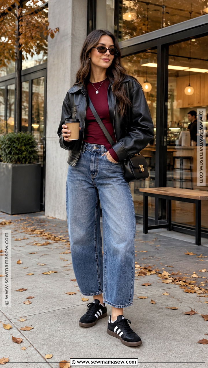 Adidas Samba With Barrel Jeans And Leather Jacket - 20 Fall Adidas Samba Outfit Ideas