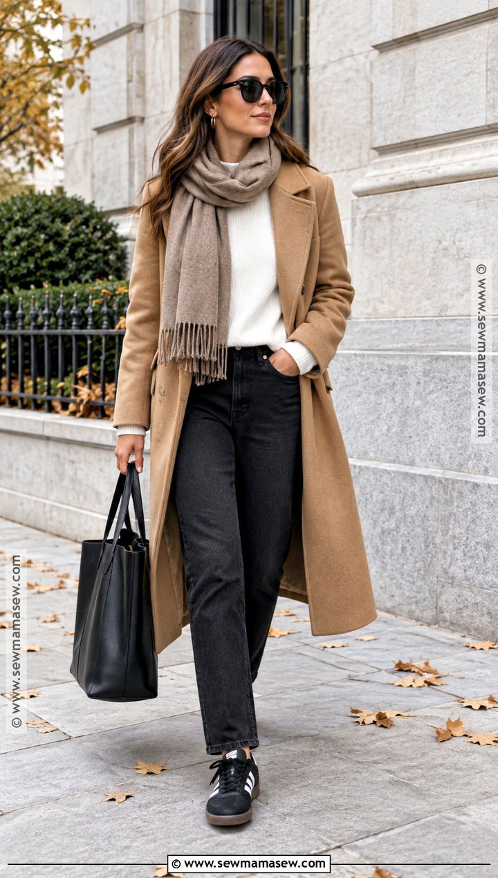 Adidas Samba With Black Jeans And Camel Coat - 20 Fall Adidas Samba Outfit Ideas