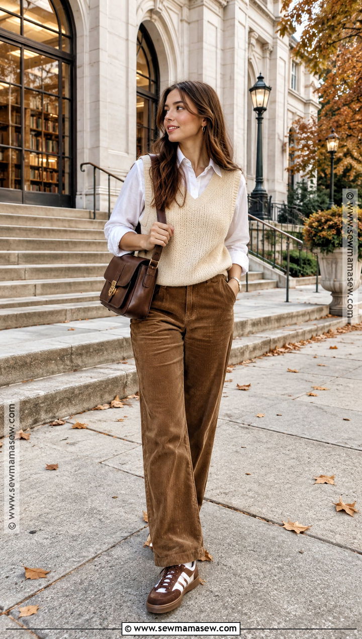 Adidas Samba With Corduroy Trousers And Sweater Vest - 20 adidas samba outfit autumn ideas