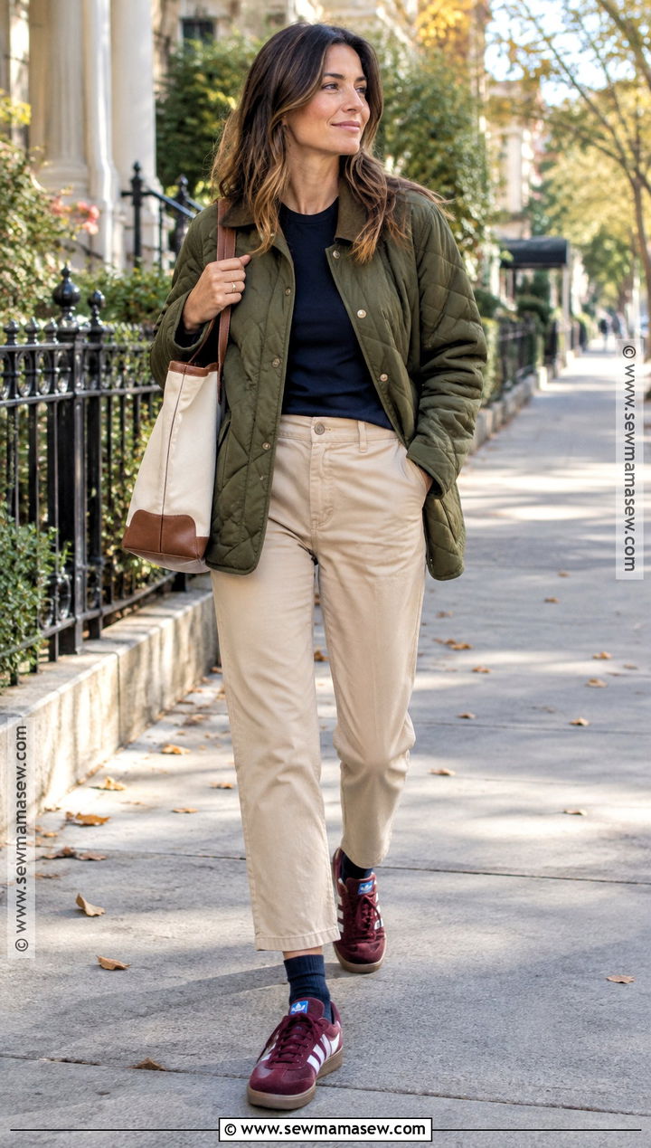 Adidas Samba With Cropped Chinos And Quilted Jacket - 20 adidas samba outfit autumn ideas