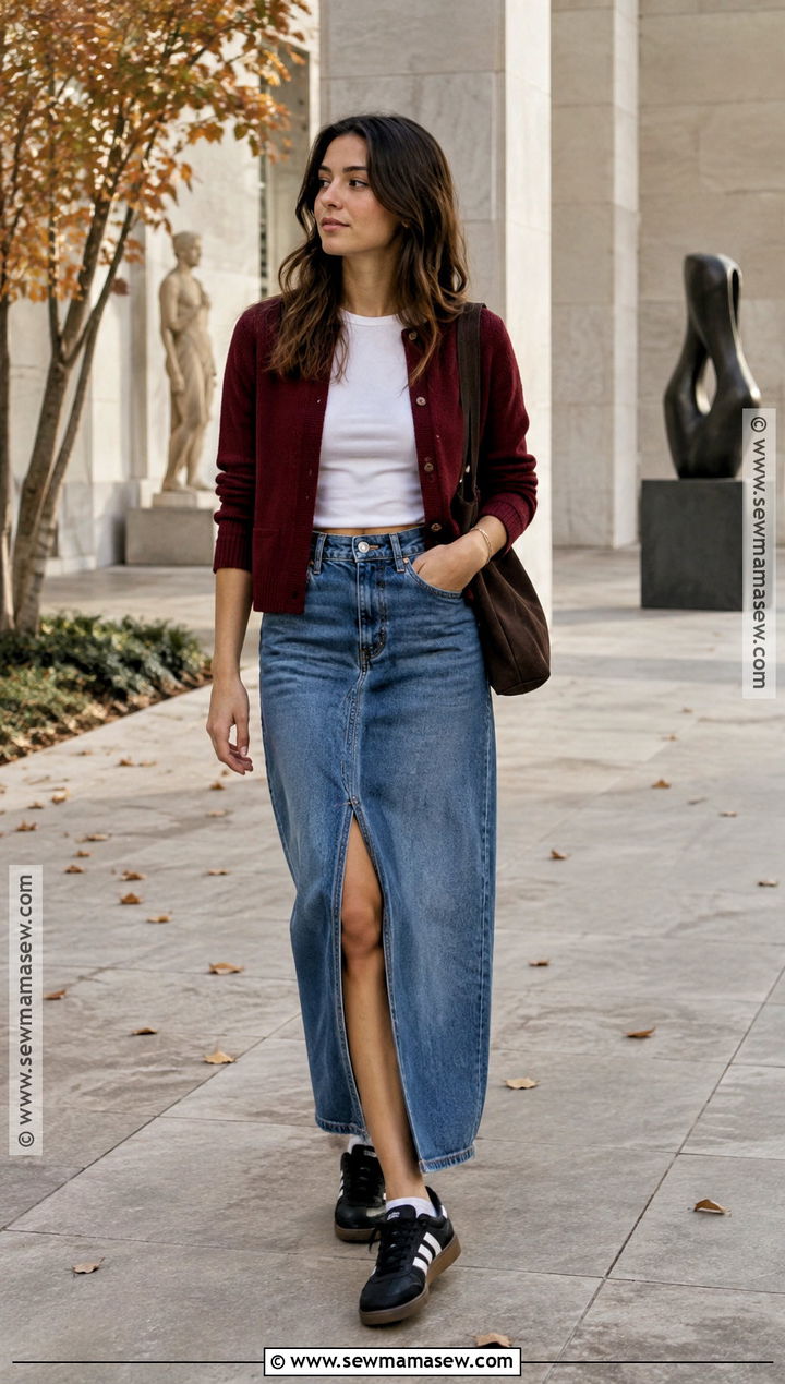 Adidas Samba With Denim Maxi Skirt And Cardigan - 20 adidas samba outfit autumn ideas