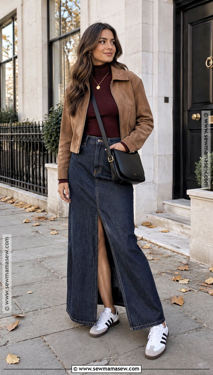 Adidas Samba With Denim Maxi Skirt And Turtleneck - 20 Adidas Samba Fall Outfit Ideas