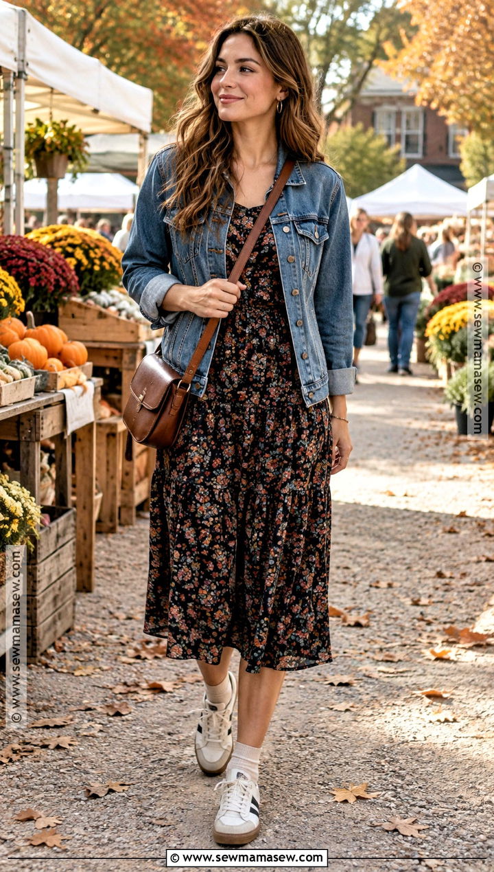 Adidas Samba With Floral Midi Dress And Denim Jacket - 20 adidas samba outfit autumn ideas