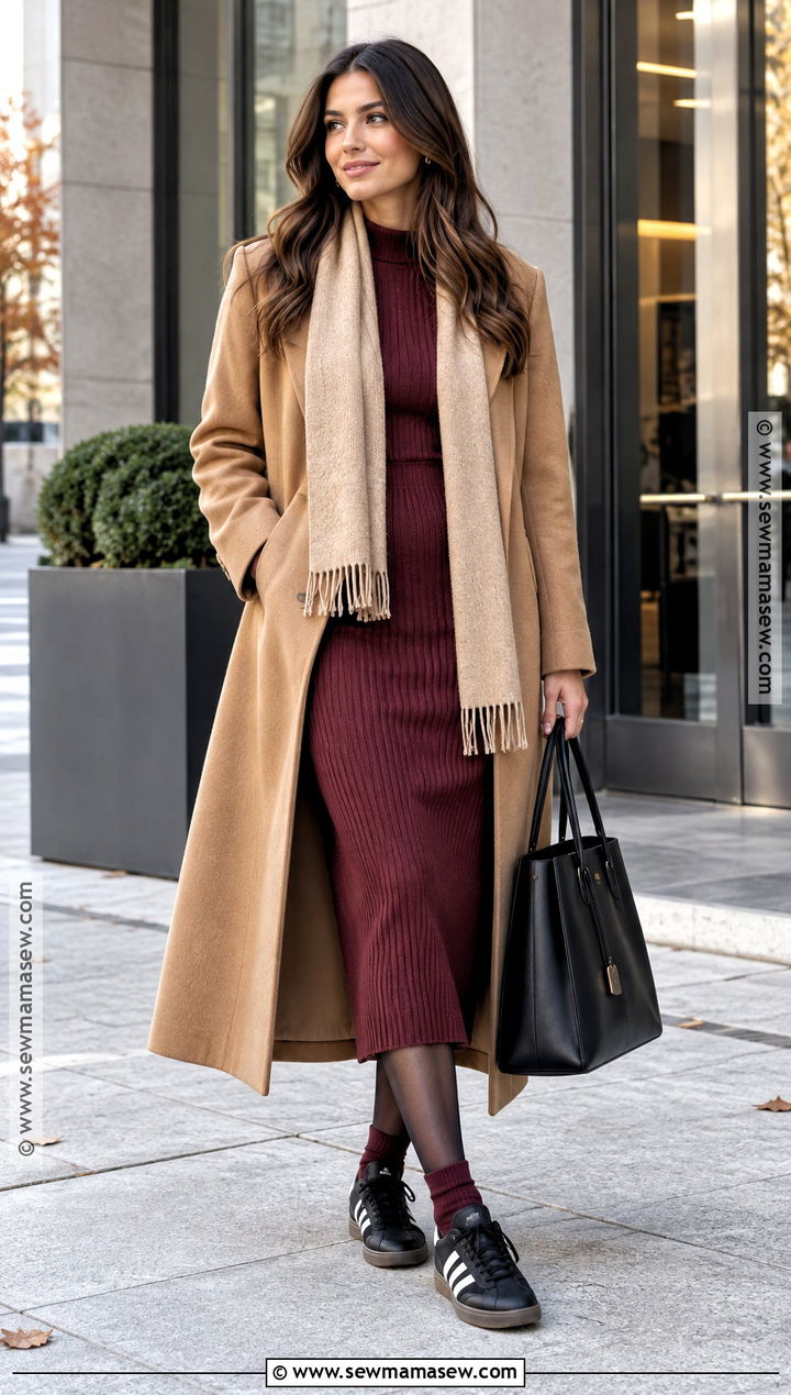 Adidas Samba With Knit Midi Dress And Long Coat - 20 adidas samba outfit autumn ideas