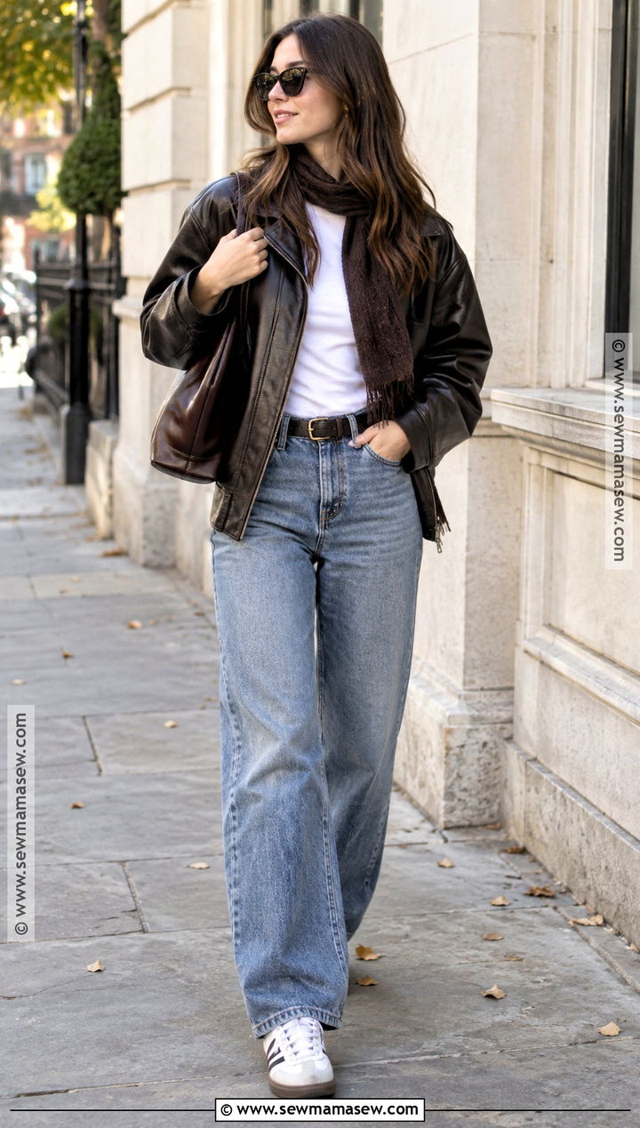Adidas Samba With Leather Jacket And Blue Jeans - 20 Adidas Samba Fall Outfit Ideas