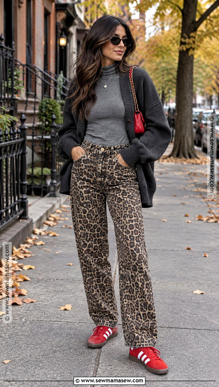 Adidas Samba With Leopard Jeans And Gray Turtleneck - 20 Fall Adidas Samba Outfit Ideas