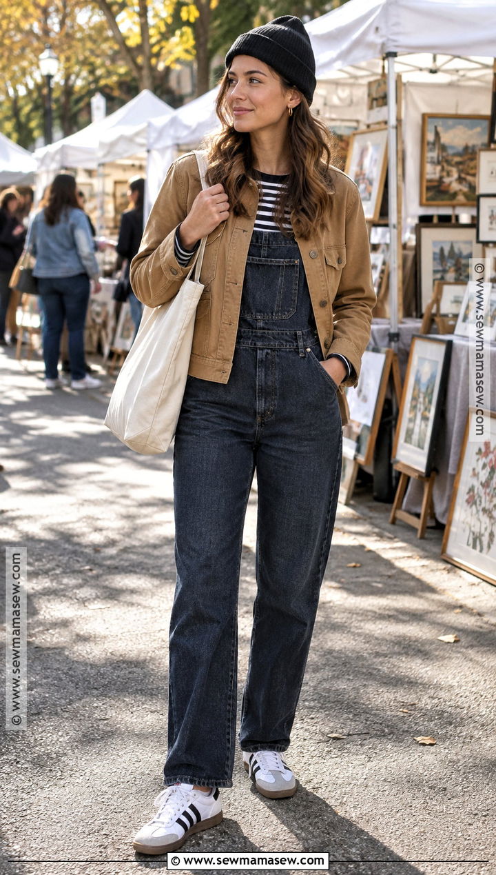 Adidas Samba With Overalls And Striped Long Sleeve T Shirt - 20 Fall Adidas Samba Outfit Ideas
