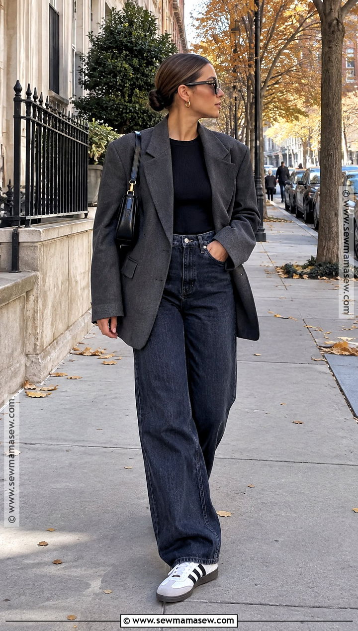 Adidas Samba With Oversized Blazer And Wide Leg Jeans - 25 adidas samba outfit women autumn ideas