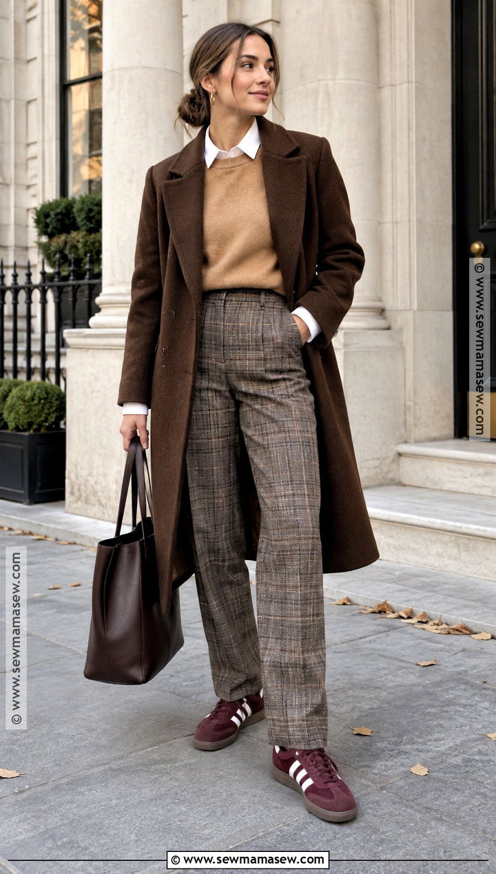 Adidas Samba With Plaid Trousers And Crewneck Sweater - 20 Adidas Samba Fall Outfit Ideas