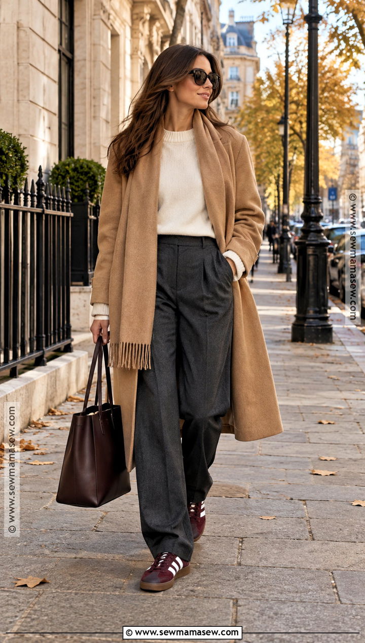 Adidas Samba With Scarf Coat And Relaxed Trousers - 25 adidas samba outfit women autumn ideas