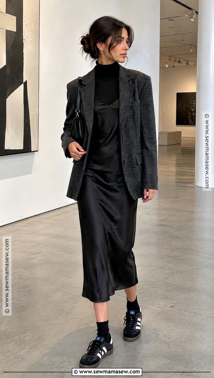 Adidas Samba With Slip Dress And Oversized Blazer - 20 Fall Adidas Samba Outfit Ideas