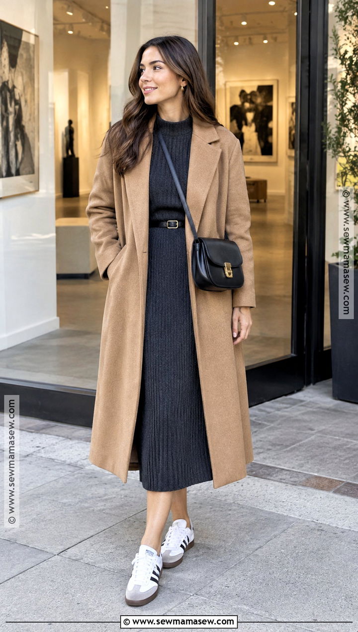 Adidas Samba With Sweater Dress And Long Coat - 20 Adidas Samba Fall Outfit Ideas