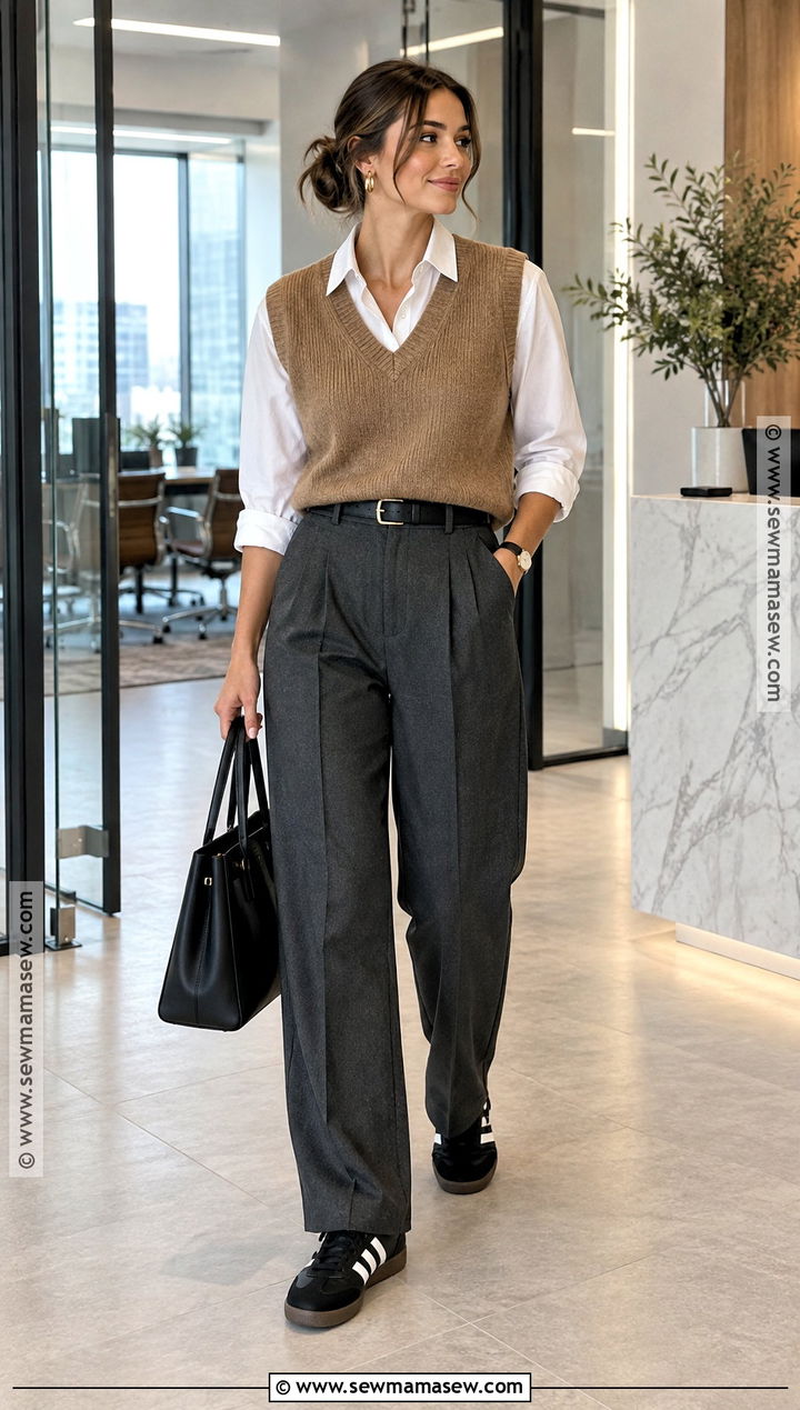 Adidas Samba With Sweater Vest And Pleated Trousers - 25 adidas samba outfit women autumn ideas