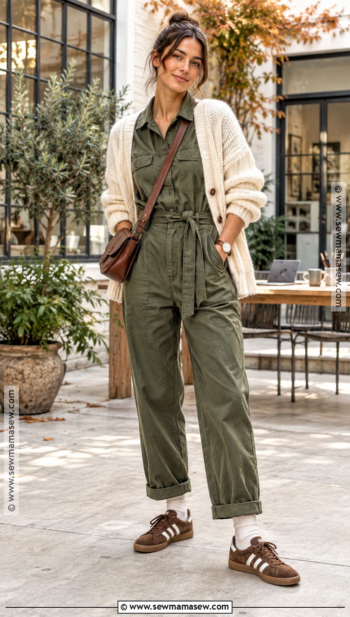 Adidas Samba With Utility Jumpsuit And Cardigan - 20 adidas samba outfit autumn ideas