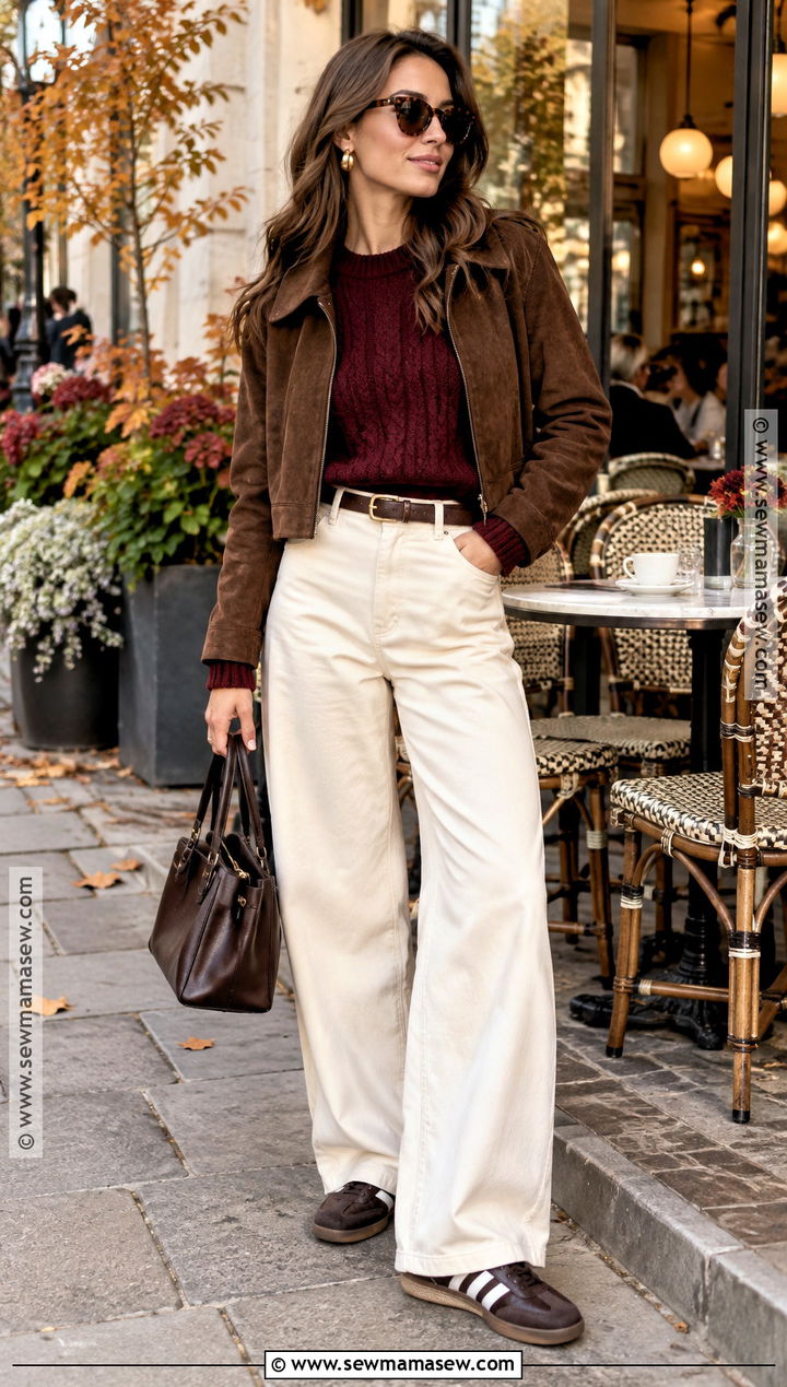 Adidas Samba With White Jeans And Burgundy Sweater - 20 Fall Adidas Samba Outfit Ideas