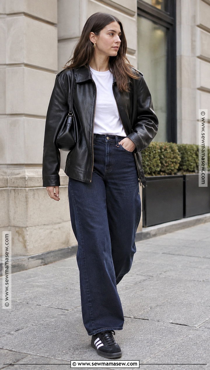 Adidas Samba With Wide Leg Jeans And Leather Jacket - 20 adidas samba outfit autumn ideas