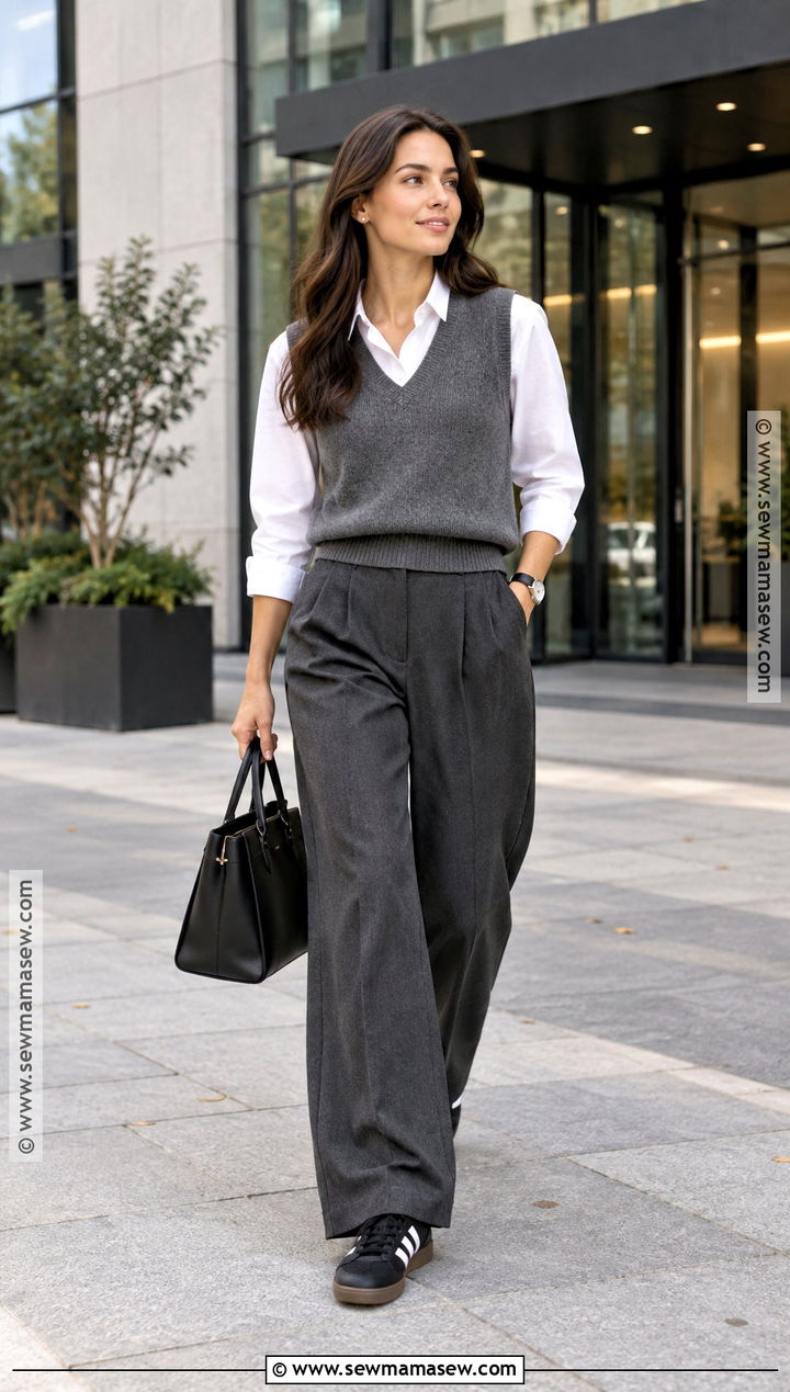 Adidas Samba With Wide Leg Trousers And Knit Vest - 20 Adidas Samba Fall Outfit Ideas