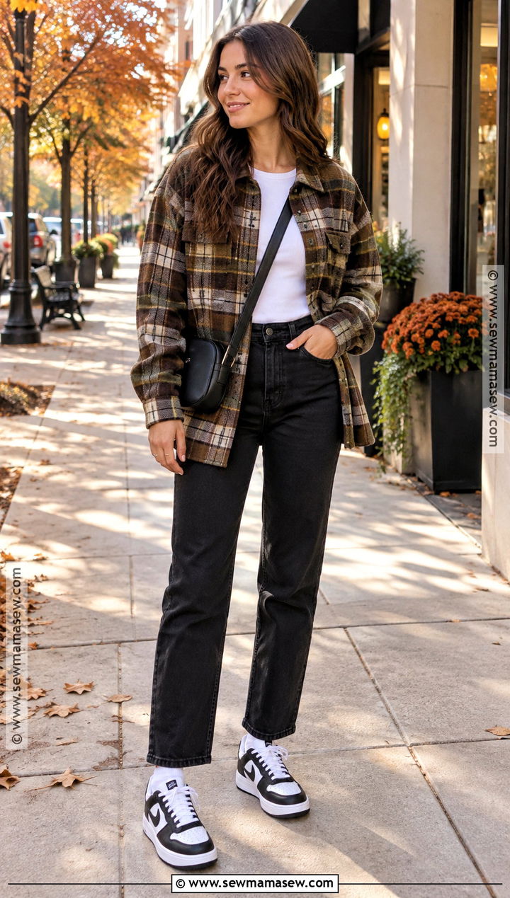 Air Force 1 With Black Jeans And Plaid Shacket - 15 air force 1 outfit fall ideas