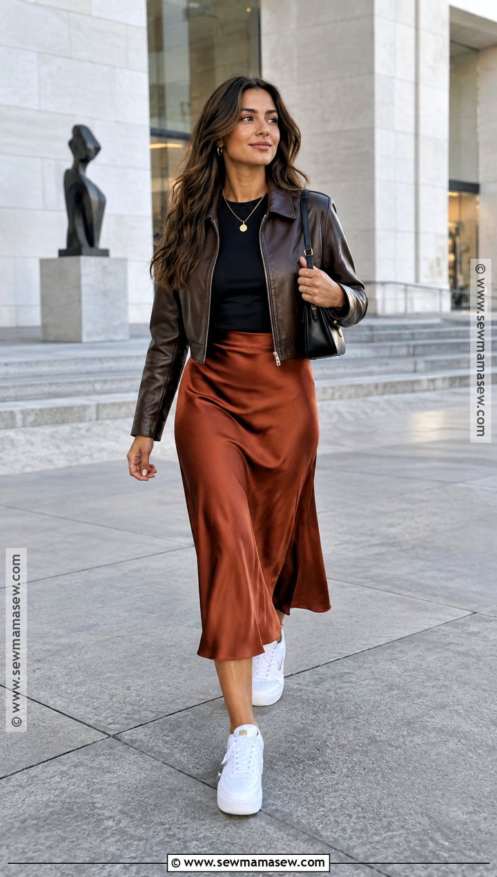 Air Force 1 With Midi Skirt And Leather Jacket - 15 air force 1 outfit fall ideas