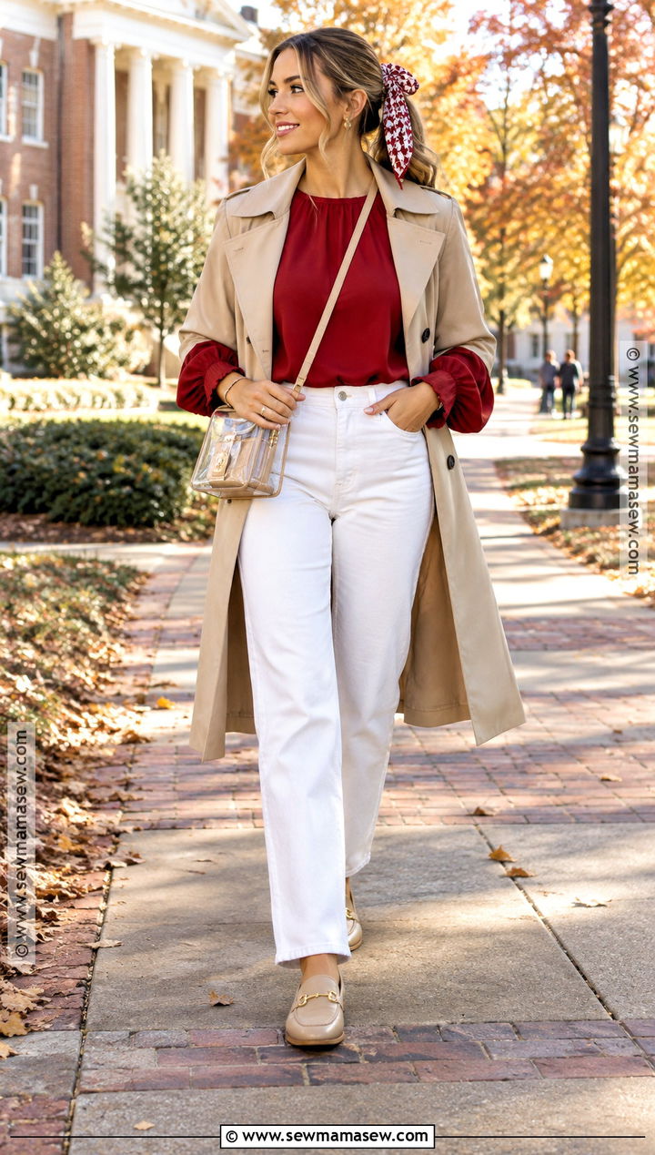 Alabama Crimson Blouse With White Jeans - 15 alabama football game outfit fall ideas