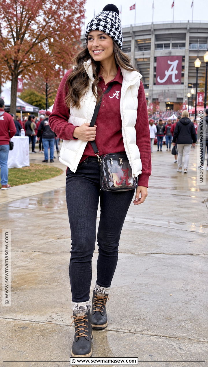 Alabama Puffer Vest With Jeans And Boots - 15 alabama football game outfit fall ideas