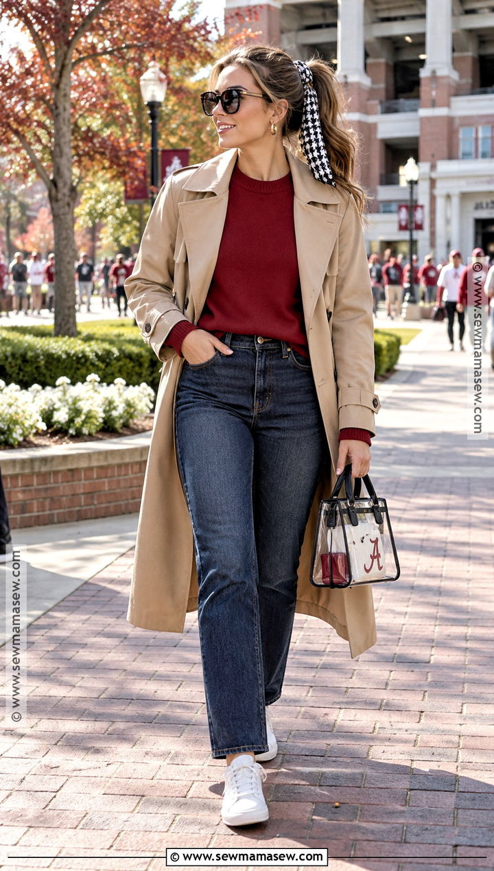 Alabama Sweater With Jeans And Trench Coat - 15 alabama football game outfit fall ideas