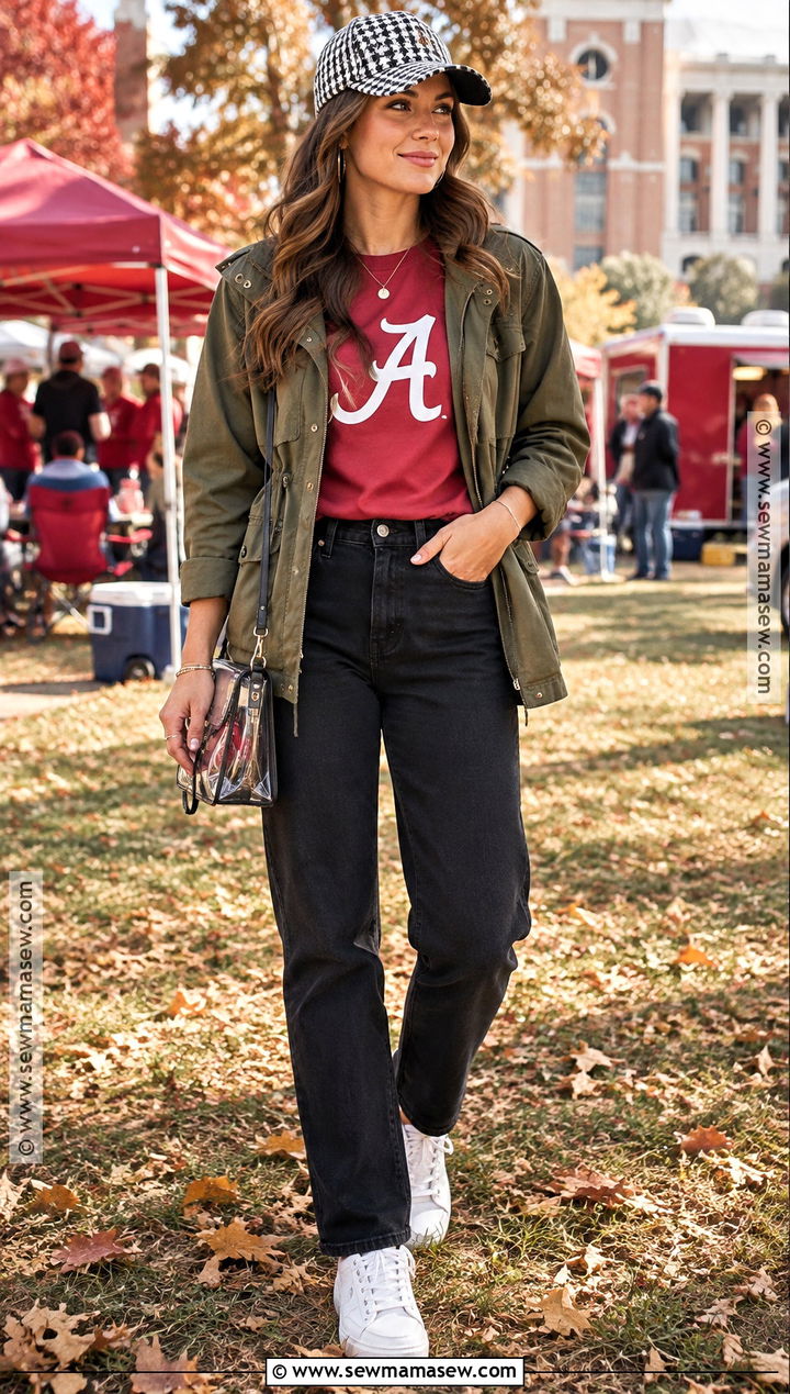 Alabama Tee With Black Jeans And Utility Jacket - 15 alabama football game outfit fall ideas